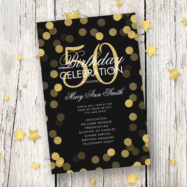 50th Birthday Party Program Gold Confetti w/ Menu (Creator Uploaded)
