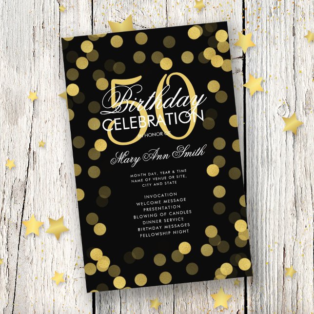 50th Birthday Party Program Gold Confetti w/ Menu Flyer (Creator Uploaded)