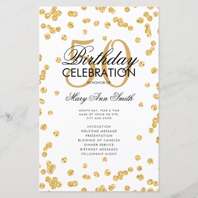 50th Birthday Party Program Gold Glitter w/ Menu (Front)