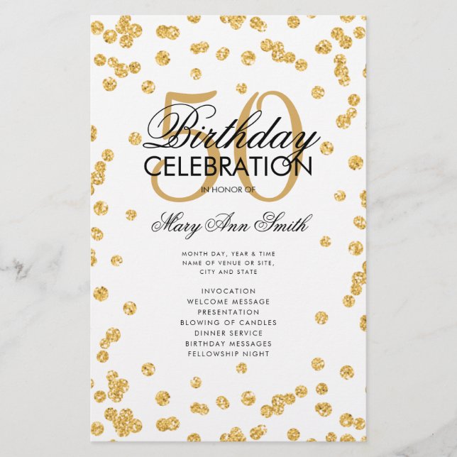 50th Birthday Party Program Gold Glitter w/ Menu Flyer (Front)