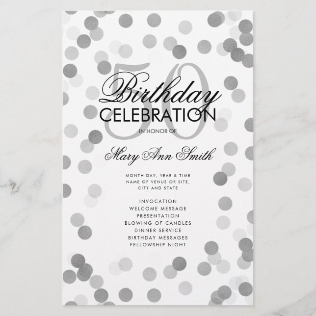 50th Birthday Party Program Silver Confetti Menu Flyer (Front)
