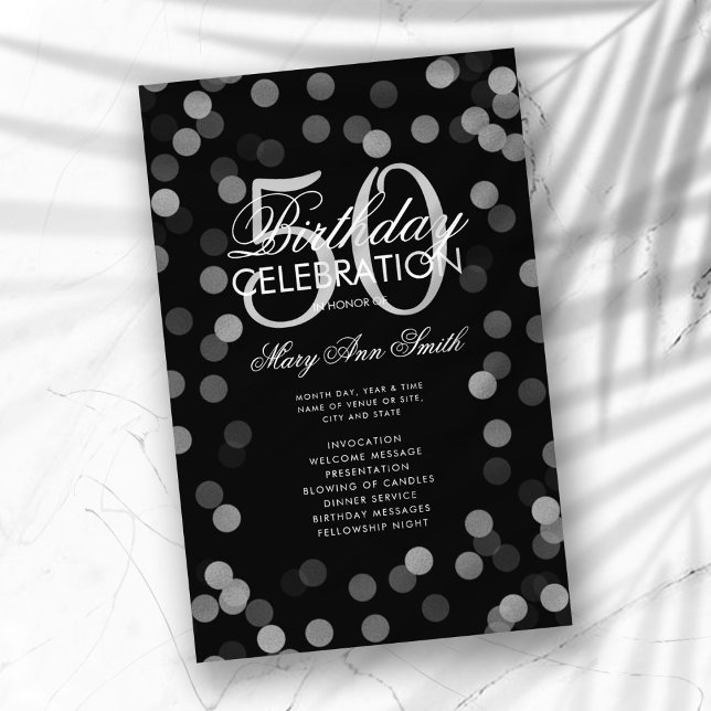 50th Birthday Party Program Silver Confetti Menu Flyer (Creator Uploaded)