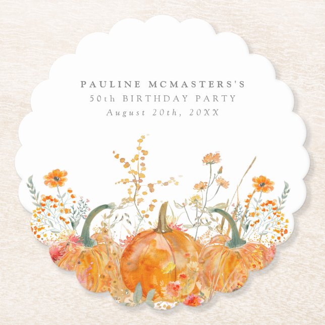50th Birthday Party Pumpkin Wildflower Custom Paper Coaster (Front)