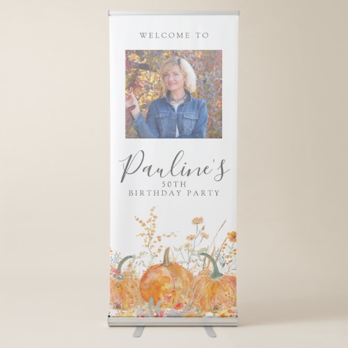 50th Birthday Party Pumpkin Wildflower Photo Retractable Banner