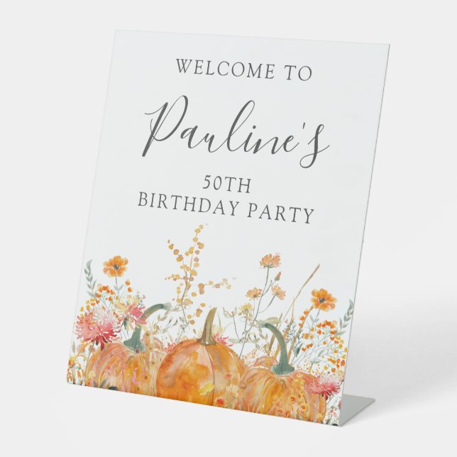 50th Birthday Party Pumpkin Wildflower Welcome Pedestal Sign (Front)