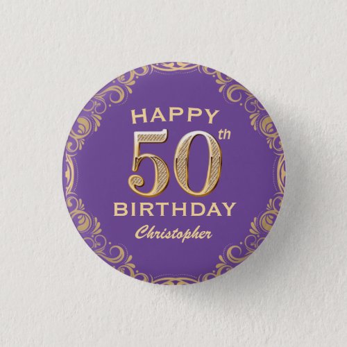 50th Birthday Party Purple and Gold Glitter Frame Button