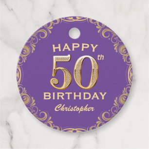 50th Birthday Party Purple and Gold Glitter Frame Favor Tags
