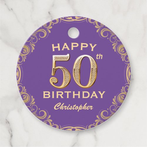 50th Birthday Party Purple and Gold Glitter Frame Favor Tags