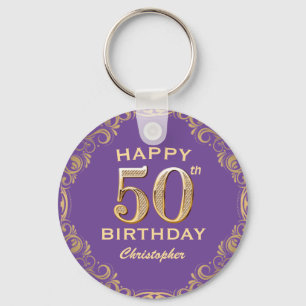 50th Birthday Party Purple and Gold Glitter Frame Keychain
