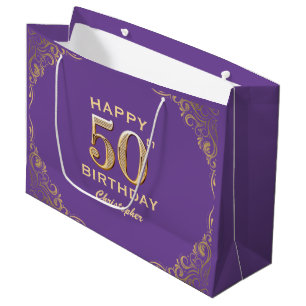 50th Birthday Party Purple and Gold Glitter Frame Large Gift Bag