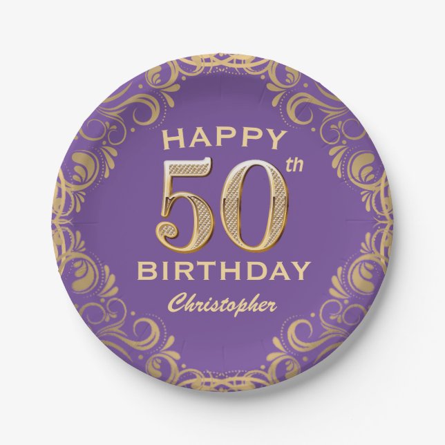 50th Birthday Party Purple and Gold Glitter Frame Paper Plates (Front)
