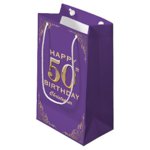 50th Birthday Party Purple and Gold Glitter Frame Small Gift Bag