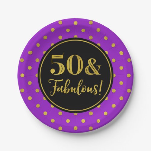 50th Birthday Party Purple Black Gold Dots  Paper Plates