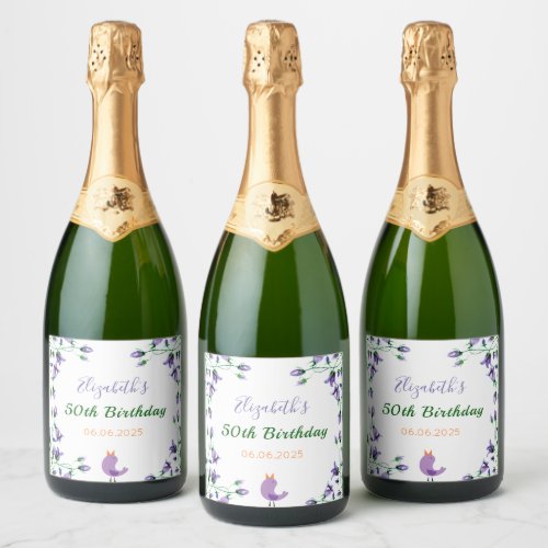 50th birthday party purple florals bluebells name sparkling wine label
