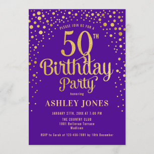 50th Birthday Party - Purple & Gold Invitation