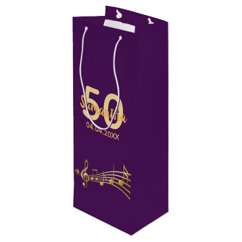 50th Birthday party purple gold music notes name Wine Gift Bag