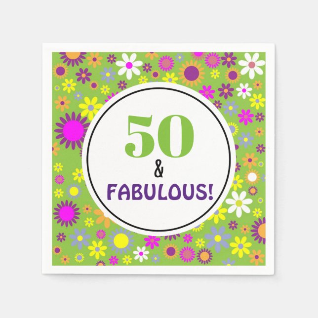50th Birthday Party Purple Green Floral Napkins (Front)