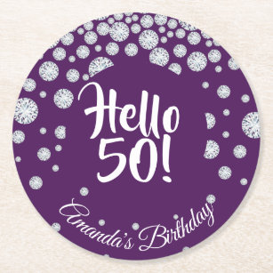 50th birthday party purple hello 50 diamonds name round paper coaster