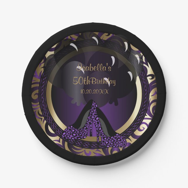 50th Birthday Party | Purple Leopard High Heels Paper Plates (Front)