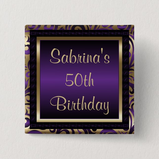 50th Birthday Party | Purple Metallic & Gold Button (Front)