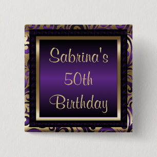 50th Birthday Party Purple Metallic & Gold Button