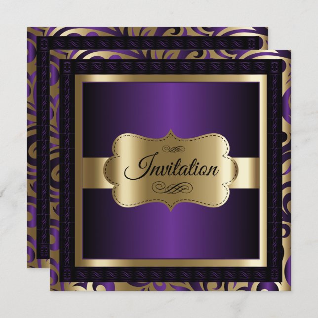 50th Birthday Party | Purple Metallic & Gold Invitation (Front/Back)