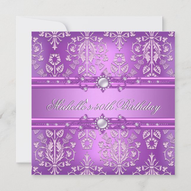 50th Birthday Party Purple Pink Pearl Damask Invitation (Front)