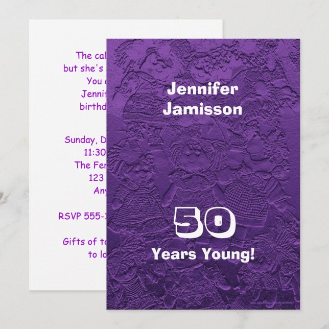 50th Birthday Party Purple Rag Dolls Years Young Invitation (Front/Back)