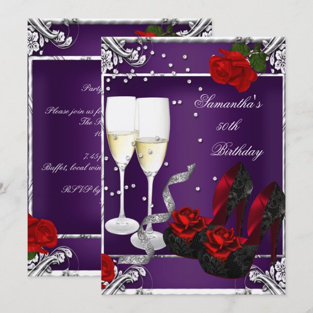 50th Birthday Party Purple Red Rose Silver Invitation (Front/Back)