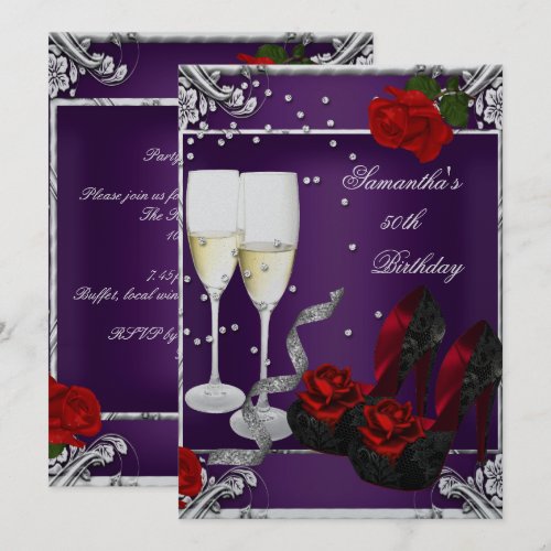 50th Birthday Party Purple Red Rose Silver Custom Invitations