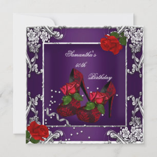 50th Birthday Party Purple Red Rose Silver Invitation