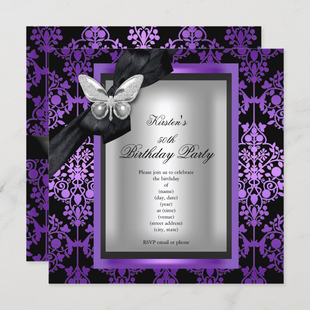 50th Birthday Party Purple Silver Damask Butterfly Invitation | Zazzle