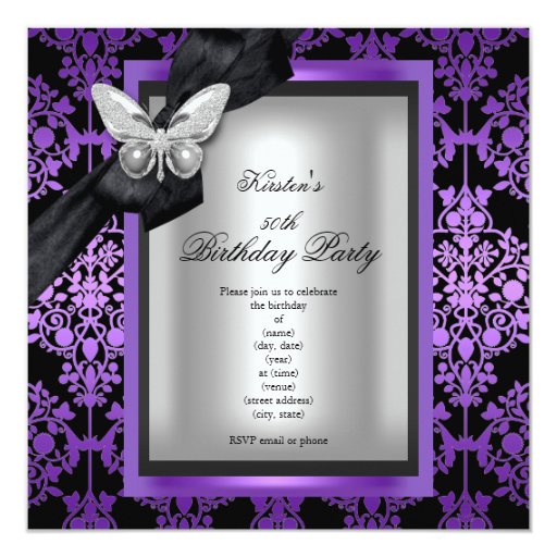 50th Birthday Party Purple Silver Damask Butterfly Invitation | Zazzle