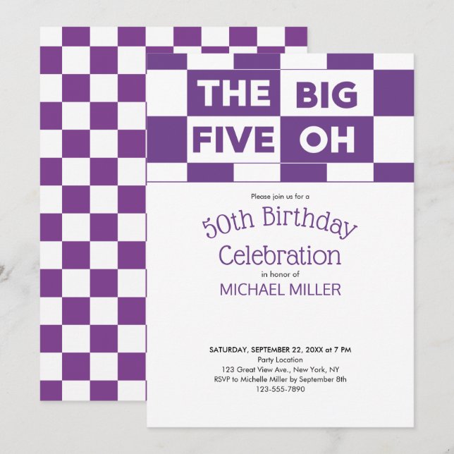 50th Birthday Party Purple White Checkered Pattern Invitation (Front/Back)