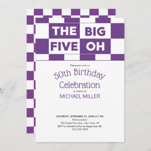 50th Birthday Party Purple White Checkered Pattern Invitation