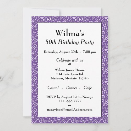 50th Birthday Party PurpleWhite Number Pattern Invitation