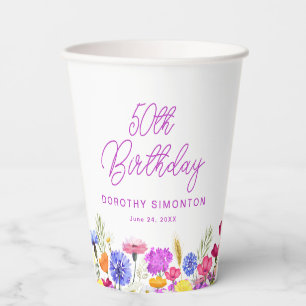 50th Birthday Party Purple Wildflower Custom Paper Cups