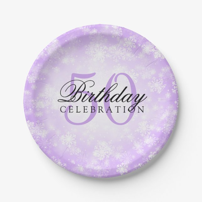 50th Birthday Party Purple Winter Wonderland Paper Plates (Front)