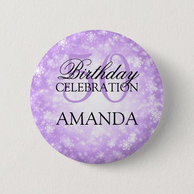 50th Birthday Party Purple Winter Wonderland Pinback Button (Front)