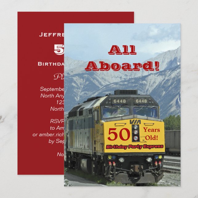 50th Birthday Party Railroad Train Yellow Engine Invitation (Front/Back)
