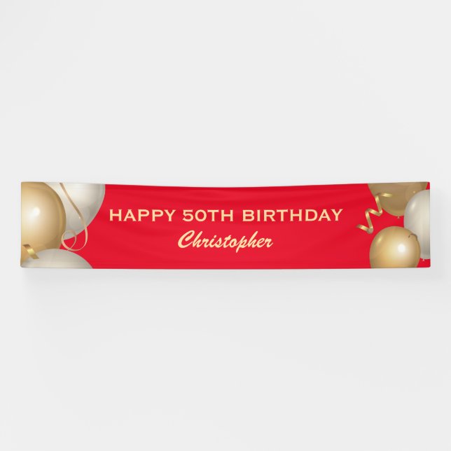 50th Birthday Party Red and Gold Balloons Banner (Horizontal)