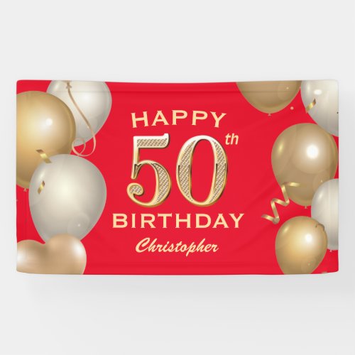 50th Birthday Party Red and Gold Balloons Banner