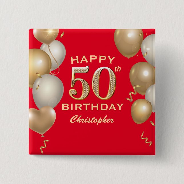 50th Birthday Party Red and Gold Balloons Button (Front)