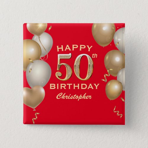 50th Birthday Party Red and Gold Balloons Button