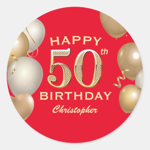 50th Birthday Party Red and Gold Balloons Classic Round Sticker