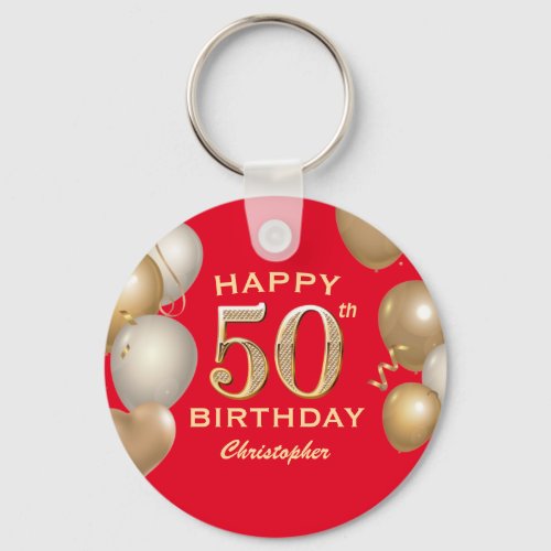 50th Birthday Party Red and Gold Balloons Keychain