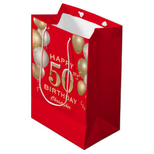 50th Birthday Party Red and Gold Balloons Medium Gift Bag