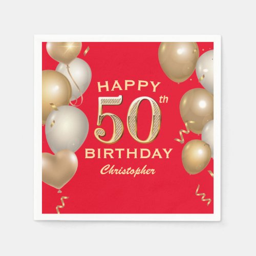 50th Birthday Party Red and Gold Balloons Napkins