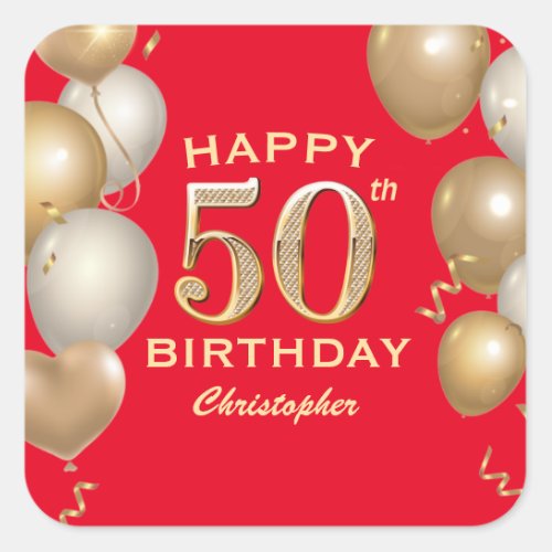 50th Birthday Party Red and Gold Balloons Square Sticker