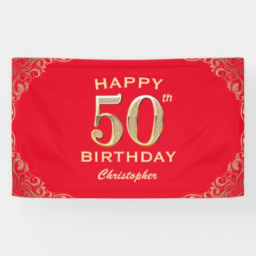 50th Birthday Party Red and Gold Glitter Frame Banner